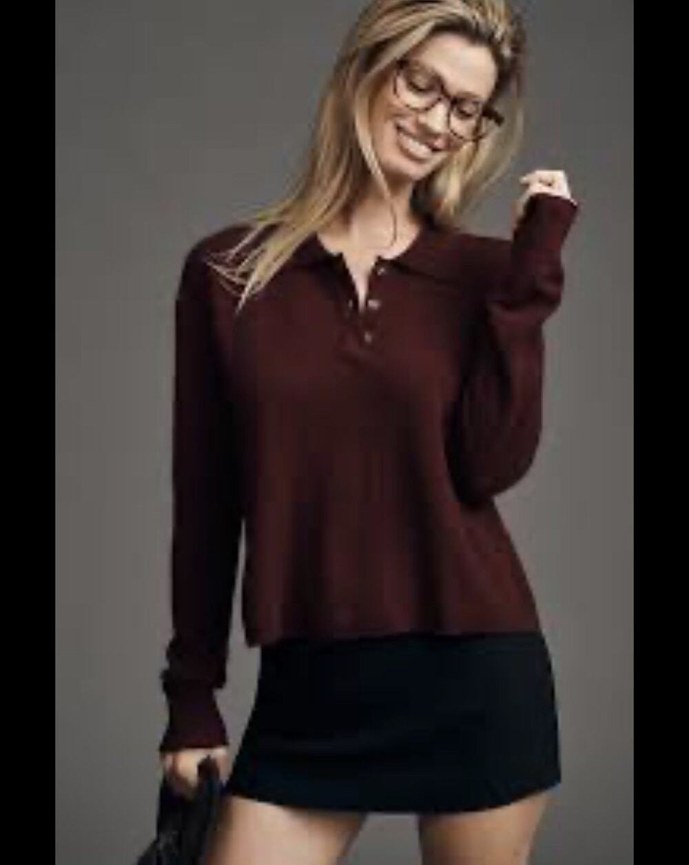 Anthropologie Pilcro Cashmere Jensen Burgandy Cropped Polo Sweater L
